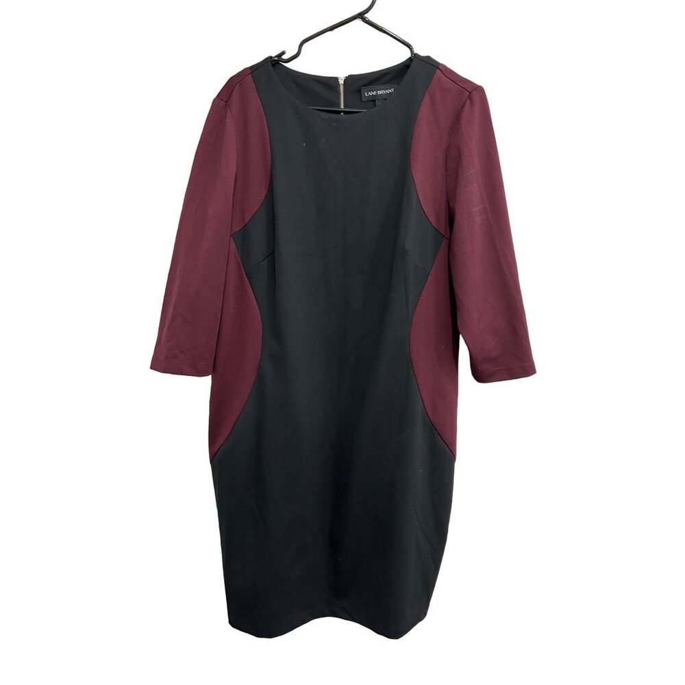 Lane Bryant Womens Colorblock Dress Black Burgundy 3/4 Sleeve Sz 16
